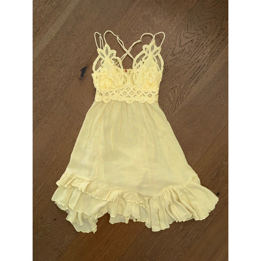Free People FP One Adella Slip Dress Yellow Lace Boho Ruffle Mini XS